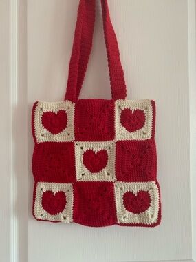 Handmade Red and Cream Crochet Heart Tote Bag